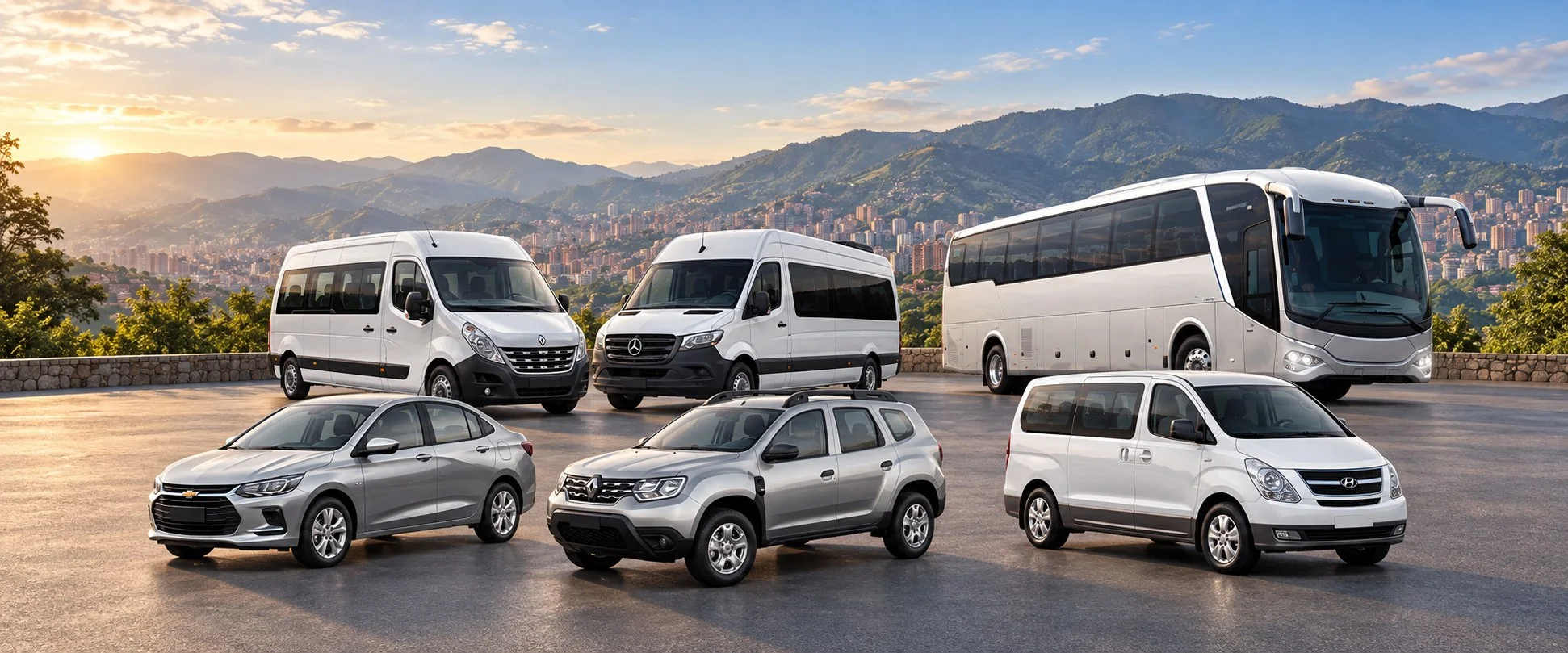 Composición de los seis tipos del catálogo: sedán, SUV, Hyundai H-1, Van Master, Sprinter y bus, con las montañas de Medellín al fondo.